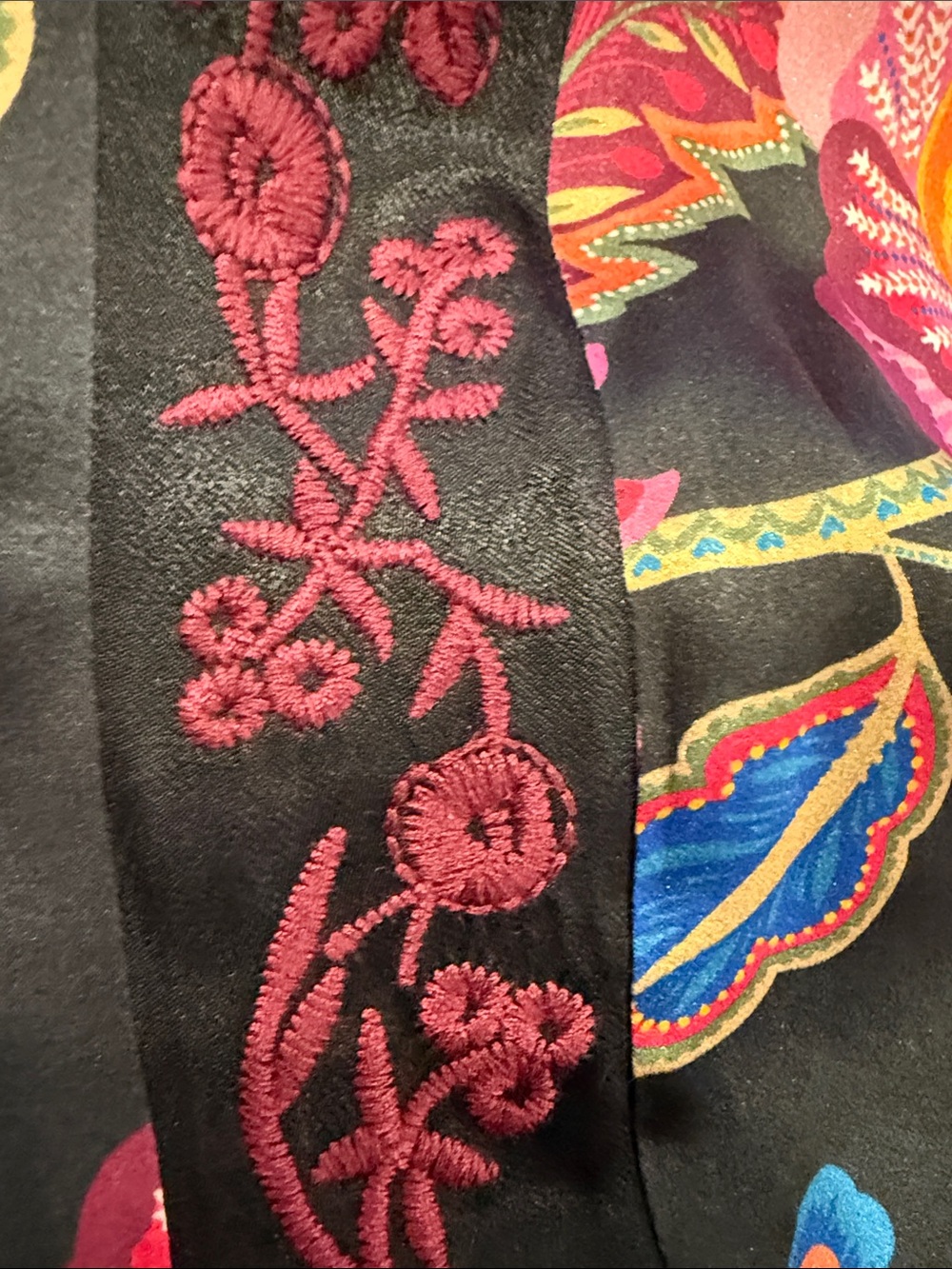 Johnny Was Luxurious Silk Black Floral Pants with Embroidered side Panels - Picture 7 of 13